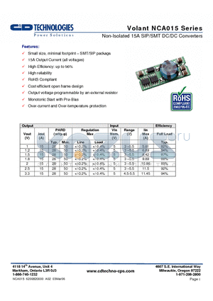 NCA0151331SP-XC datasheet - Non-Isolated 15A SIP/SMT DC/DC Converters