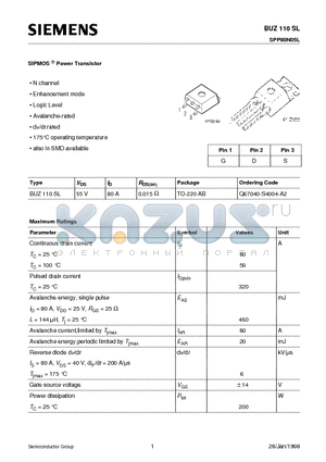 Q67040-S4004-A2 datasheet - SIPMOS Power Transistor (N channel Enhancement mode Logic Level Avalanche-rated dv/dt rated)