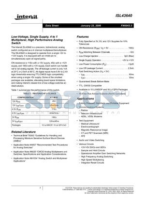 ISL43640 datasheet - Low-Voltage, Single Supply, 4 to 1 Multiplexer, High Performance Analog Switch