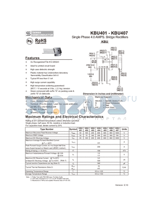 KBU404 datasheet - Single Phase 4.0 AMPS. Bridge Rectifiers