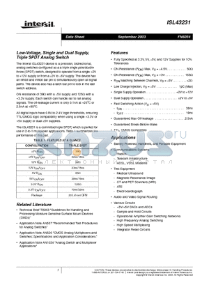 ISL43231IR datasheet - Low-Voltage, Single and Dual Supply, Triple SPDT Analog Switch