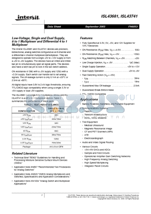 ISL43681 datasheet - Low-Voltage, Single and Dual Supply, 8 to 1 Multiplexer and Differential 4 to 1 Multiplexer