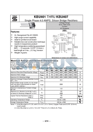 KBU405 datasheet - Single Phase 4.0 AMPS. Silicon Bridge Rectifiers