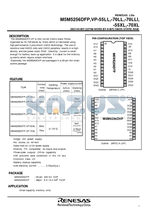 M5M5256DFP-55XL datasheet - 262144-BIT (32768-WORD BY 8-BIT) CMOS STATIC RAM