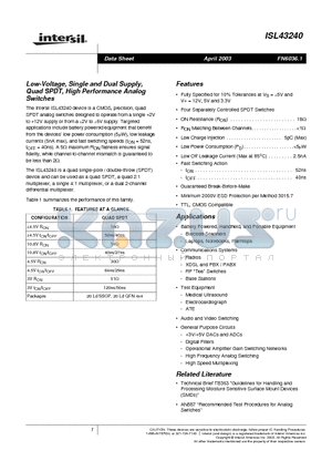 ISL43240IA datasheet - Low-Voltage, Single and Dual Supply, Quad SPDT, High Performance Analog Switches