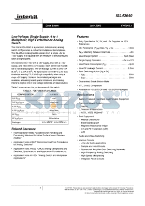 ISL43640IU-T datasheet - Low-Voltage, Single Supply, 4 to 1 Multiplexer, High Performance Analog Switch