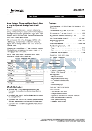 ISL43841 datasheet - Low-Voltage, Single and Dual Supply, Dual 4 to 1 Multiplexer Analog Switch with Latch