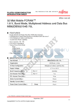 MB82DBS02154E-70L datasheet - 32 Mbit Mobile FCRAM 1.8 V, Burst Mode, Multiplexed Address and Data Bus