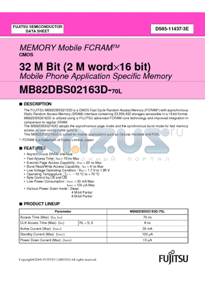 MB82DBS02163D-70L datasheet - 32 M Bit (2 M word16 bit) Mobile Phone Application Specific Memory