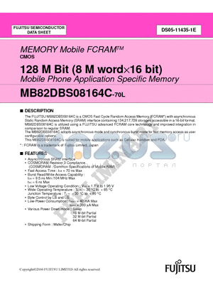 MB82DBS08164C-70LWT datasheet - 128 M Bit (8 M word16 bit) Mobile Phone Application Specific Memory