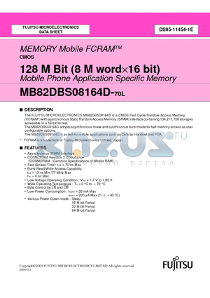 MB82DBS08164D-70L datasheet - 128 M Bit (8 M word x 16 bit) Mobile Phone Application Specific Memory