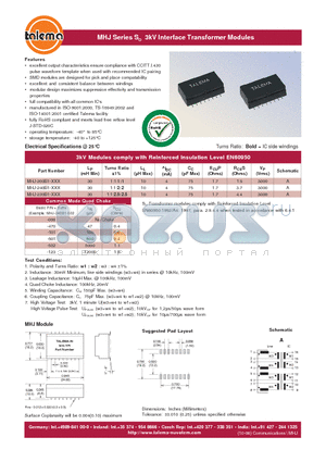 MHJ-200B1-502 datasheet - 3kV Interface Transformer Modules