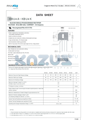 KBU4A datasheet - SILICON SINGLE-PHASE BRIDGE RECTIFIER(VOLTAGE - 50 to 800 Volts CURRENT - 4.0 Amperes)