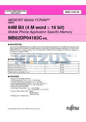 MB82DP04183C-65LWFKT datasheet - 64M Bit (4 M word  16 bit) Mobile Phone Application Specific Memory