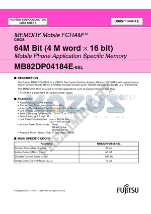 MB82DP04184E-65L datasheet - 64M Bit (4 M word  16 bit) Mobile Phone Application Specific Memory