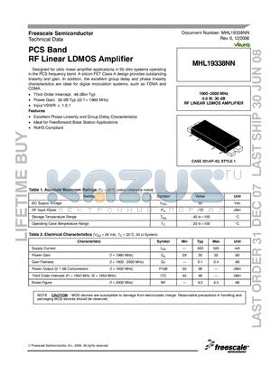 MHL19338NN datasheet - PCS Band RF Linear LDMOS Amplifier
