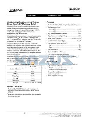 ISL43L410IU datasheet - Ultra Low ON-Resistance, Low Voltage, Single Supply, DPDT Analog Switch