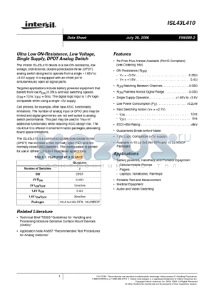 ISL43L410IU datasheet - Ultra Low ON-Resistance, Low Voltage, Single Supply, DPDT Analog Switch