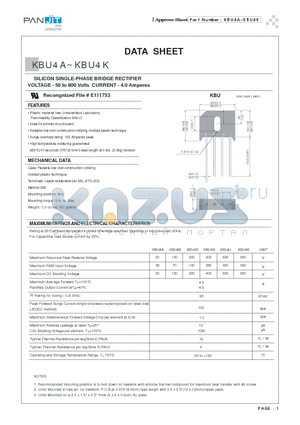 KBU4D datasheet - SILICON SINGLE-PHASE BRIDGE RECTIFIER(VOLTAGE - 50 to 800 Volts CURRENT - 4.0 Amperes)