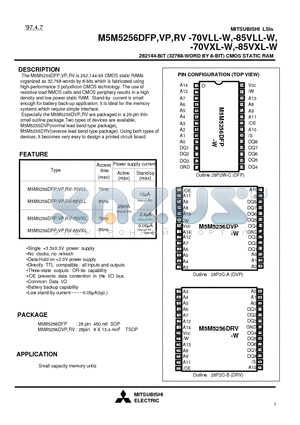 M5M5256DVP-85VXL-W datasheet - 262144-BIT (32768-WORD BY 8-BIT) CMOS STATIC RAM