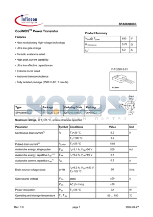 Q67040-S4631 datasheet - CoolMOS Power Transistor