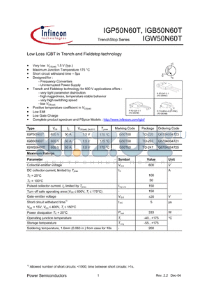 Q67040S4725 datasheet - LOW LOSS IGBT IN TRENCH AND FIELDSTOP TECHNOLOGY