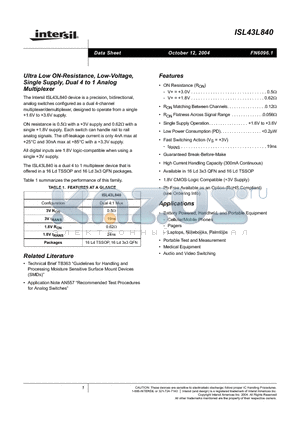 ISL43L840IVZ-T datasheet - Ultra Low ON-Resistance, Low-Voltage, Single Supply, Dual 4 to 1 Analog Multiplexer