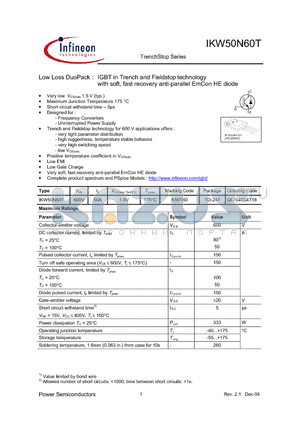 Q67040S4718 datasheet - Low Loss DuoPack : IGBT in Trench and Fieldstop technology with soft, fast recovery anti-parallel EmCon HE diode