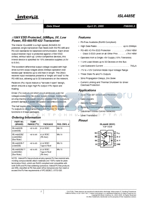 ISL4485EIBZ datasheet - a15kV ESD Protected, 20Mbps, 5V, Low Power, RS-485/RS-422 Transceiver