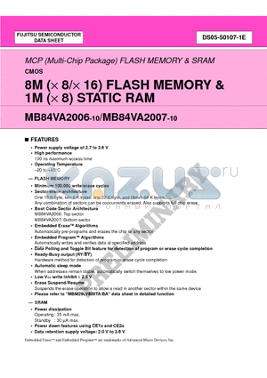 MB84VA20 datasheet - 8M (x 8/x 16) FLASH MEMORY & 1M (x 8) STATIC RAM