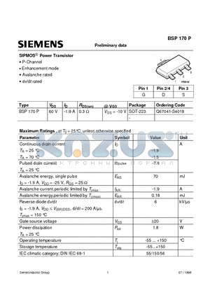 Q67041-S4018 datasheet - SIPMOS Power Transistor (P-Channel Enhancement mode Avalanche rated dv/dt rated)