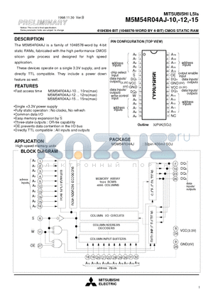 M5M54R04AJ-12 datasheet - 4194304-BIT (1048576-WORD BY 4-BIT) CMOS STATIC RAM