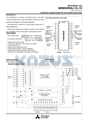 M5M54R04J-15 datasheet - 4194304-BIT (1048576-WORD BY 4-BIT) CMOS STATIC RAM