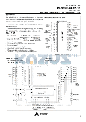 M5M54R08J-12 datasheet - 4194304-BIT (524288-WORD BY 8-BIT) CMOS STATIC RAM