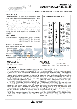 M5M54R16ATP-15 datasheet - 4194304-BIT (262144-WORD BY 16-BIT) CMOS STATIC RAM