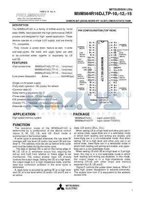 M5M564R16DTP-12 datasheet - 1048576-BIT (65536-WORD BY 16-BIT) CMOS STATIC RAM