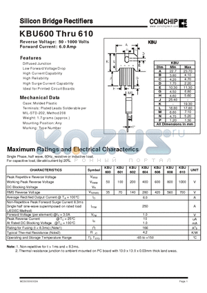 KBU601 datasheet - Silicon Bridge Rectifiers