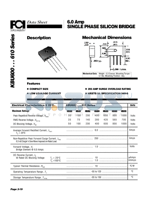 KBU601 datasheet - 6.0 Amp SINGLE PHASE SILICON BRIDGE