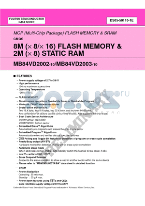 MB84VD2002-10 datasheet - 8M (x 8/x 16) FLASH MEMORY & 2M (x 8) STATIC RAM