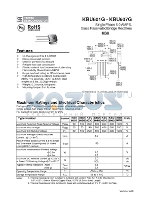 KBU601G datasheet - Single Phase 6.0 AMPS. Glass Passivated Bridge Rectifiers