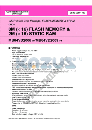 MB84VD2009-10 datasheet - 8M (x 16) FLASH MEMORY & 2M (x 16) STATIC RAM