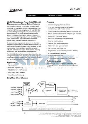 ISL51002CQZ-165 datasheet - 10-Bit Video Analog Front End (AFE) with Measurement and Auto-Adjust Features