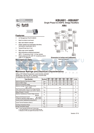 KBU602 datasheet - Single Phase 6.0 AMPS. Bridge Rectifiers