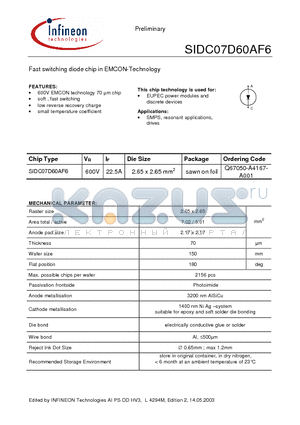 Q67050-A4167-A001 datasheet - Fast switching diode chip in EMCON-Technology