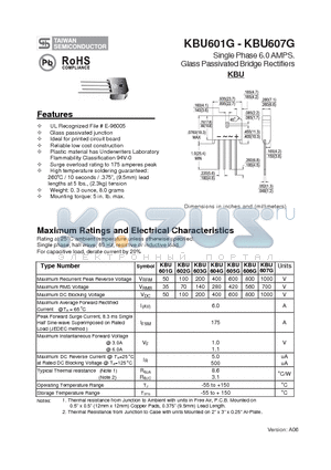 KBU602G datasheet - Single Phase 6.0 AMPS. Glass Passivated Bridge Rectifiers