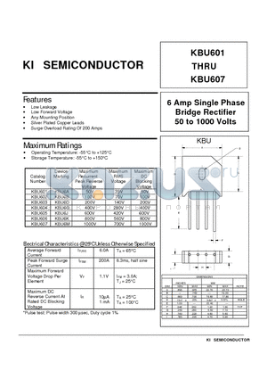 KBU603 datasheet - 6 Amp Single Phase Bridge Rectifier 50 to 1000 Volts