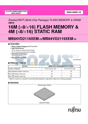MB84VD2118XEM-70 datasheet - Stacked MCP (Multi-Chip Package) FLASH MEMORY & SRAM CMOS