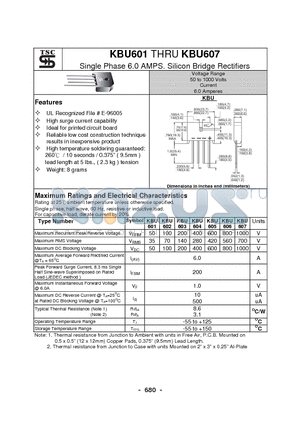 KBU604 datasheet - Single Phase 6.0 AMPS. Silicon Bridge Rectifiers