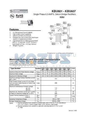 KBU605 datasheet - Single Phase 6.0 AMPS. Silicon Bridge Rectifiers