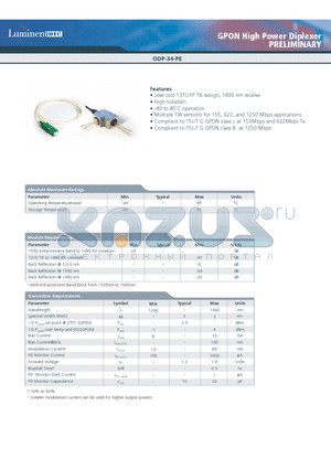 ODP-34-PC-1250-STU-C datasheet - GPON High Power Diplexer PRELIMINARY
